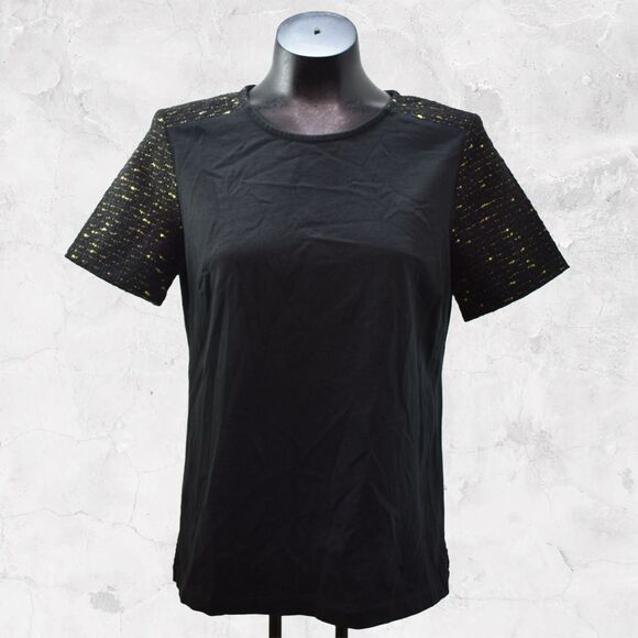 J Crew Black Knit Top Gold Metallic Trim Short Sleeves Back Zip - Women's Size S - Picture 2 of 7